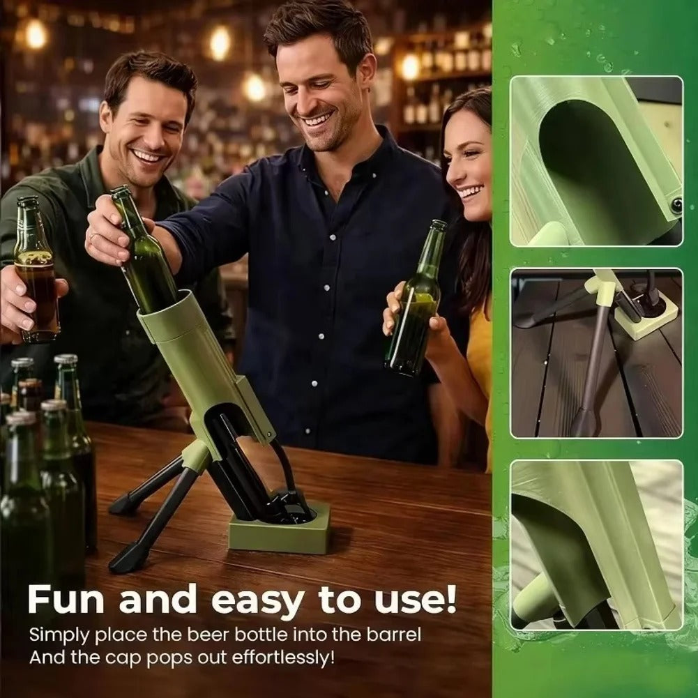 Solis Cap Popper — friends opening beers with the beer mortar opener at a bar