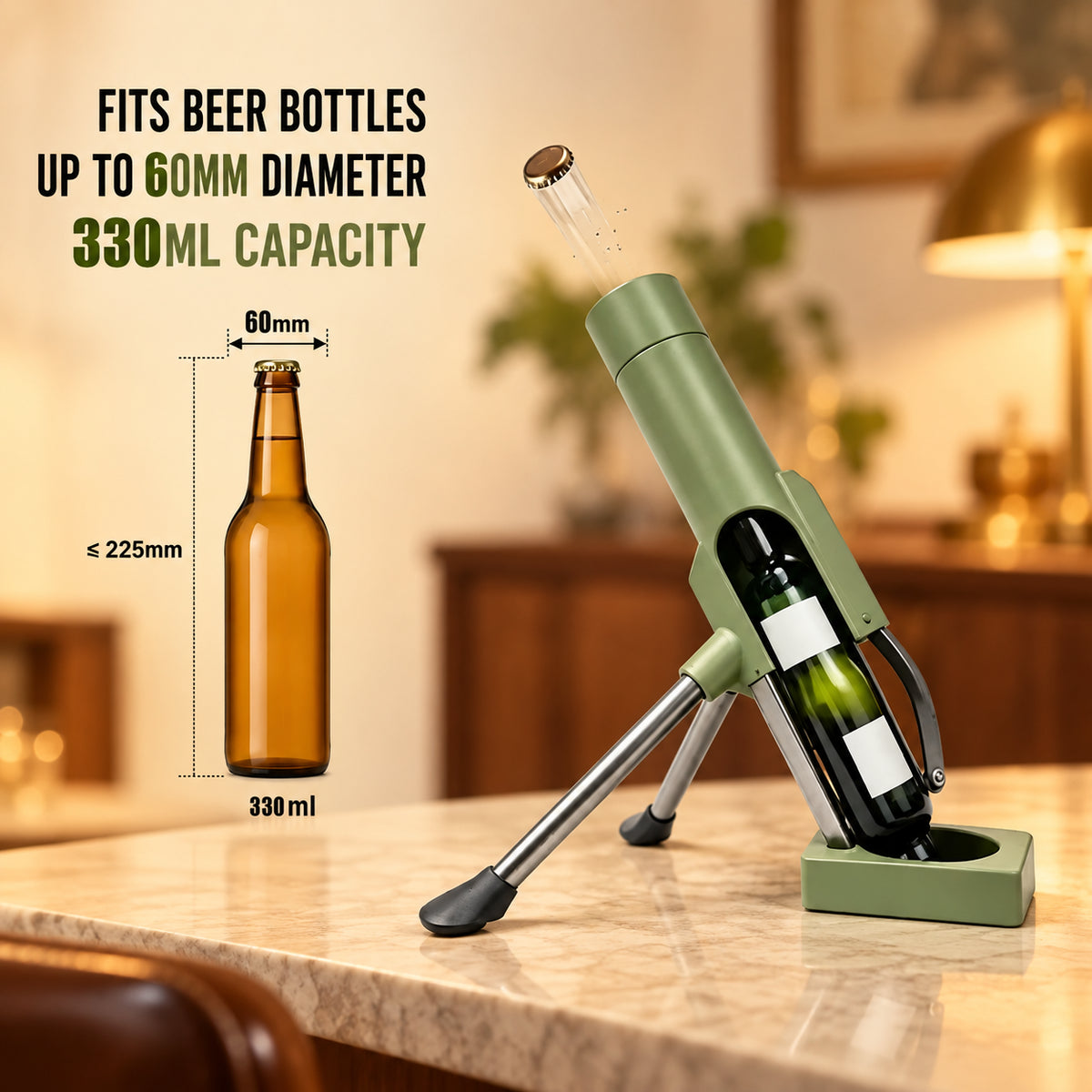 Solis Cap Popper — fits 330 ml beer bottles up to 60 mm wide and 225 mm tall