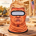 Solis Chief Face — President face ski mask with golden hair on a neutral studio workbench