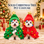 Solis Yuletide Paws — dog in a green and a red Christmas tree costume under the Christmas tree