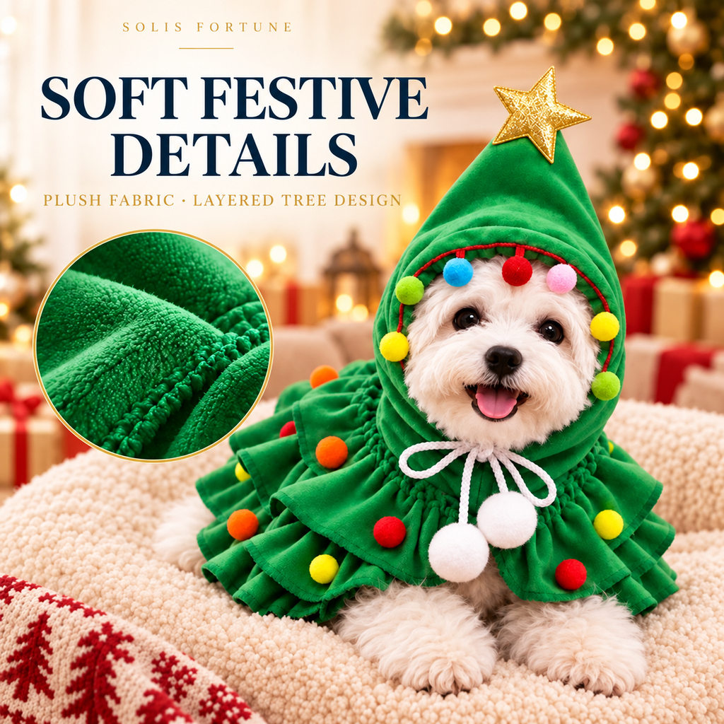 Solis Yuletide Paws — soft plush velour green Christmas tree costume on a small dog