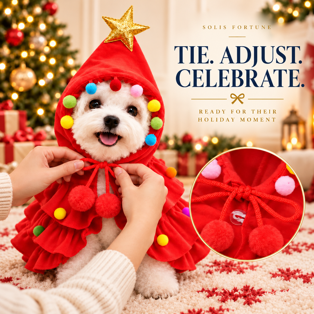 Solis Yuletide Paws — tying the red Christmas tree pet costume under the chin