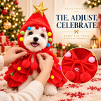 Solis Yuletide Paws — tying the red Christmas tree pet costume under the chin