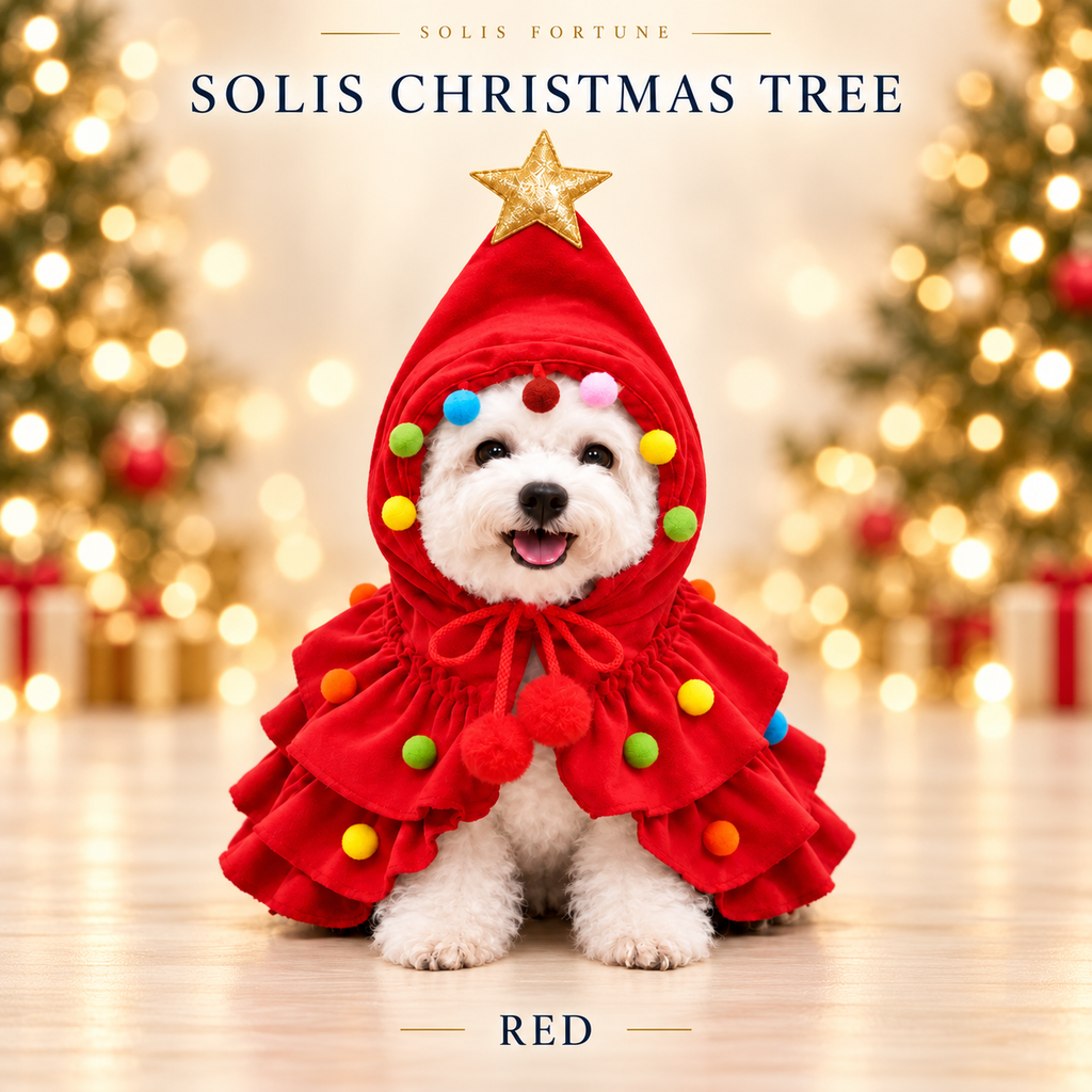 Solis Yuletide Paws — Red — Christmas tree dog costume with gold star and pom-poms