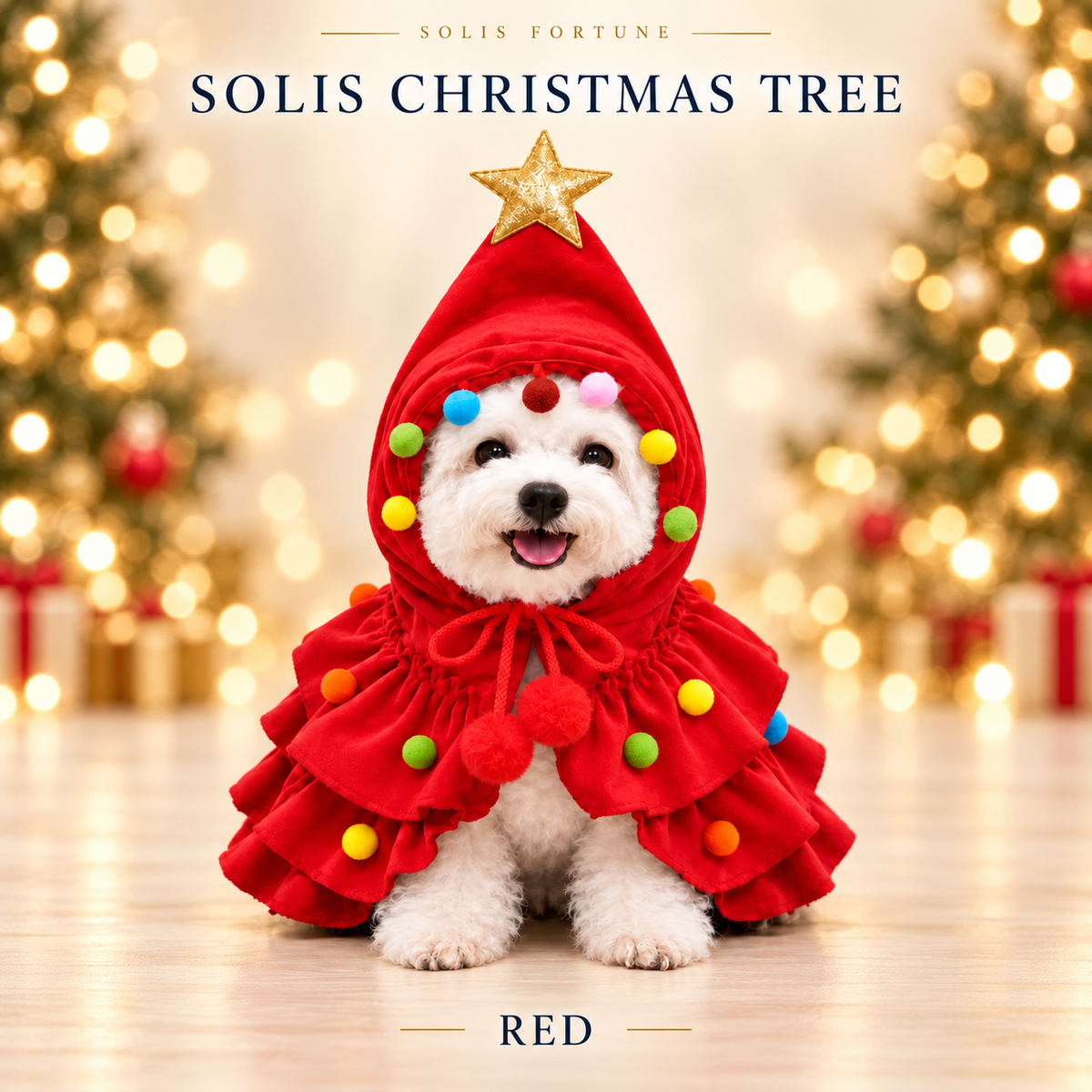 Solis Yuletide Paws — Red — Christmas tree dog costume with gold star and pom-poms