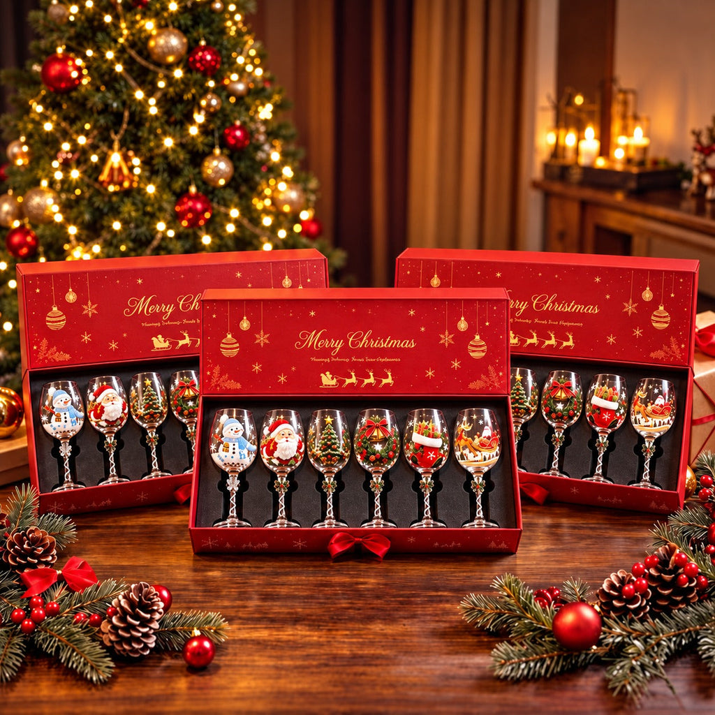 Solis Noel Toast — six hand-painted Christmas wine glasses by a snowy window
