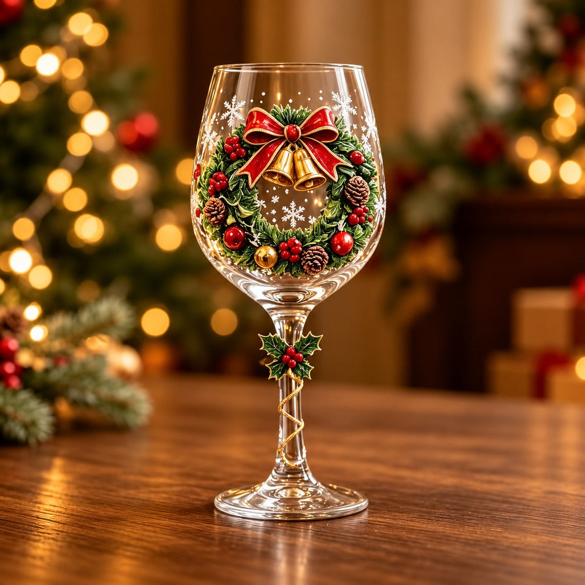 Solis Noel Toast — Christmas wreath hand-painted 3D wine glass