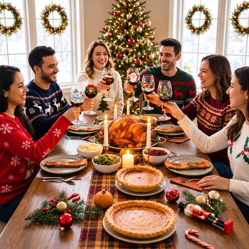 Solis Noel Toast — friends toasting with hand-painted Christmas wine glasses at dinner