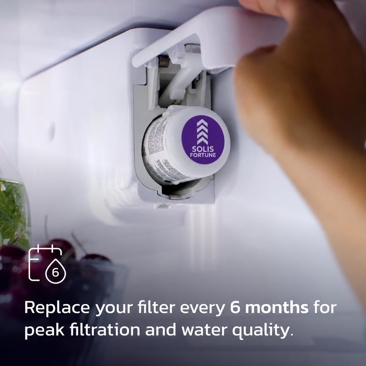 Solis Clearflow W — push-in installation of the Filter 1 compatible water filter