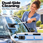 Solis ClearSweep — woman cleaning a car windshield with the double-sided magnetic cleaner, kit on the hood
