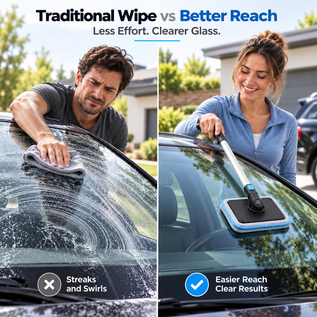 Solis ClearSweep — traditional wipe versus the magnetic windshield cleaner with extension arm