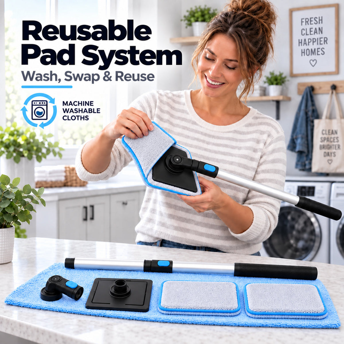 Solis ClearSweep — reusable microfiber pad system being swapped onto the cleaning head