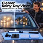 Solis ClearSweep — clear windshield on a rainy night next to the cleaning kit