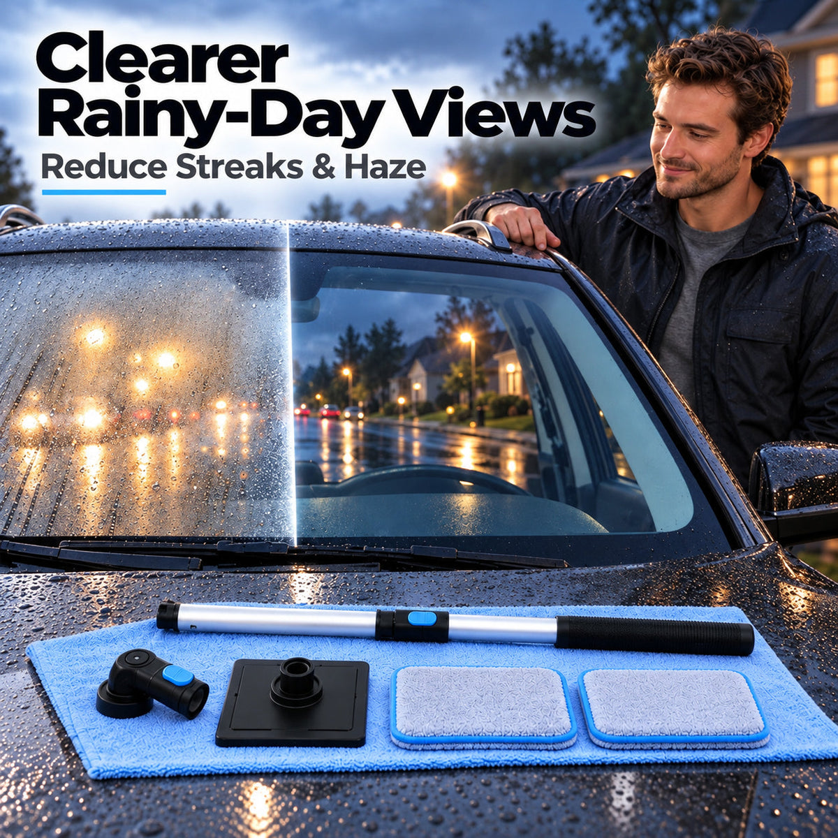 Solis ClearSweep — clear windshield on a rainy night next to the cleaning kit