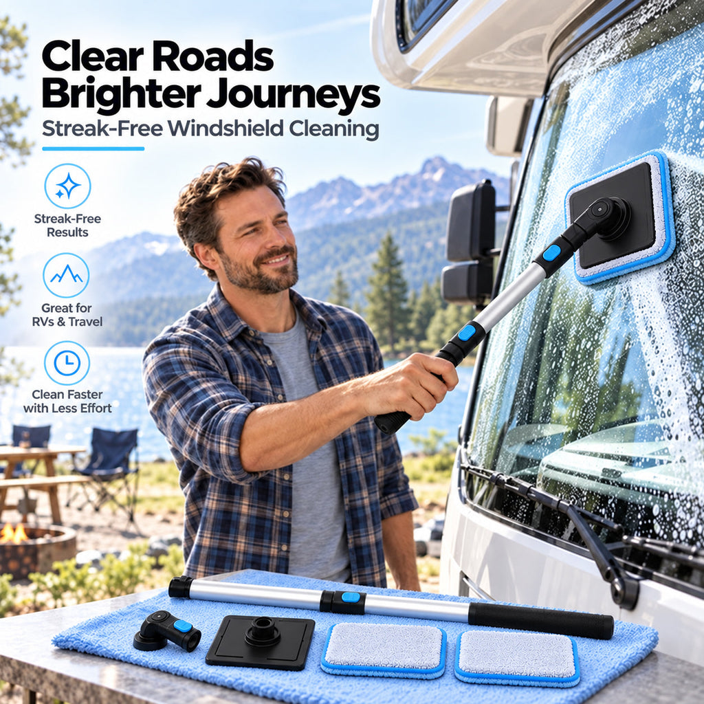 Solis ClearSweep — cleaning an RV windshield with the extension arm