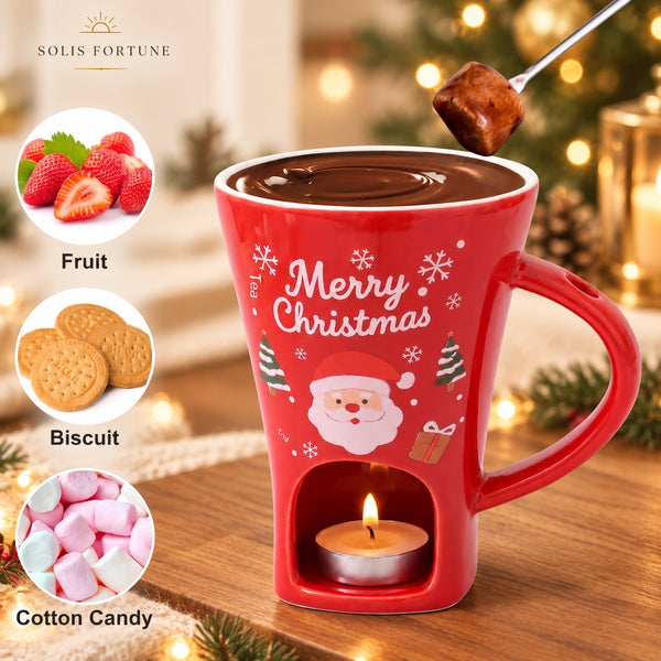 Solis Cocoa Melt — red Merry Christmas fondue mug with a lit tea light and a marshmallow on the fork