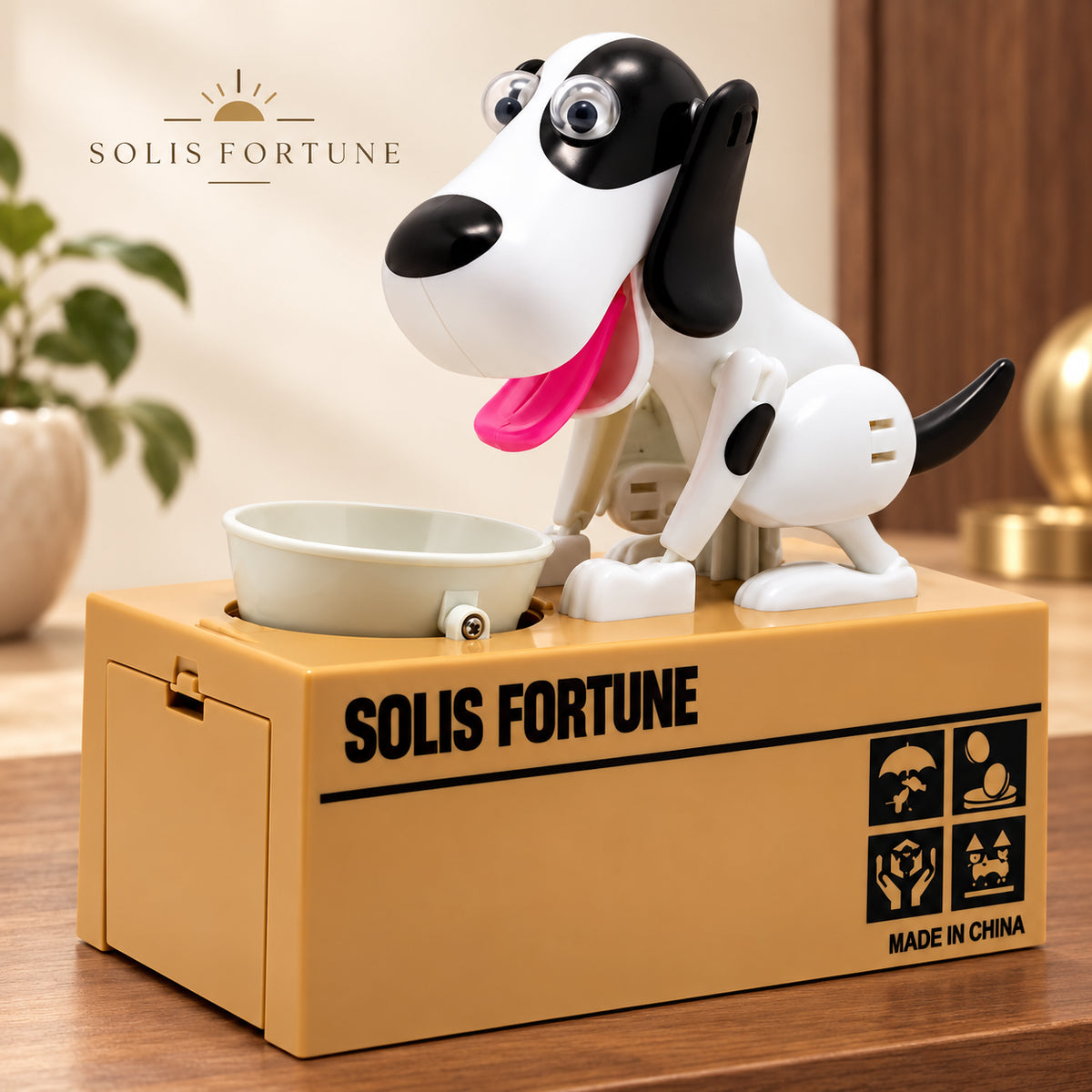 Solis Coin Critters — robotic dog coin bank eating a coin from its bowl