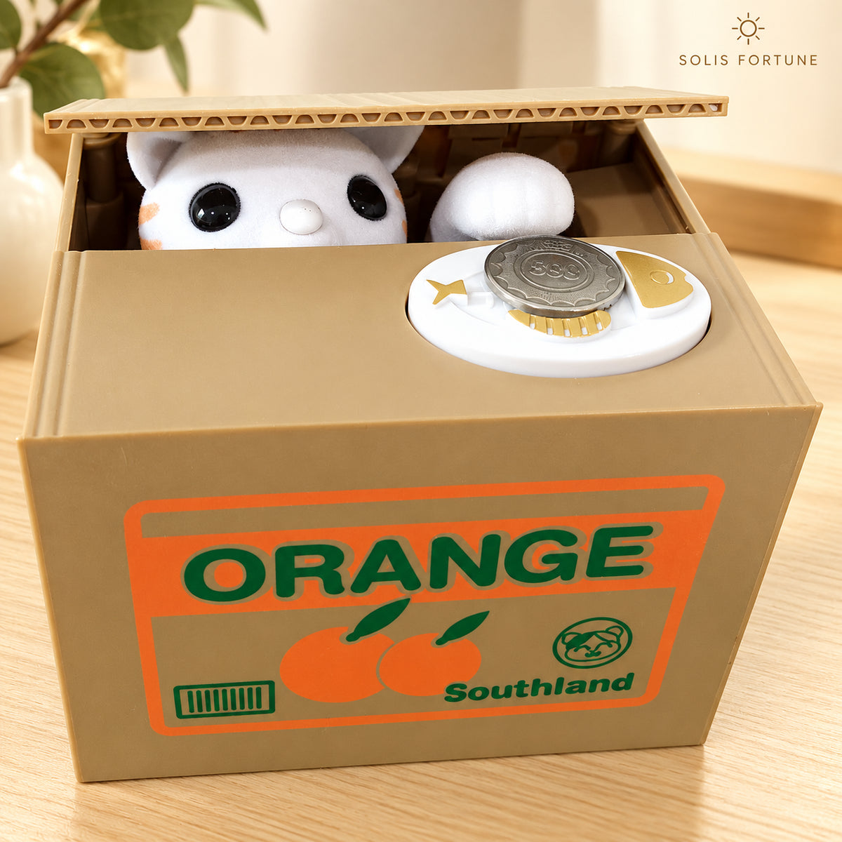 Solis Coin Critters — White Cat, Orange Box: coin bank