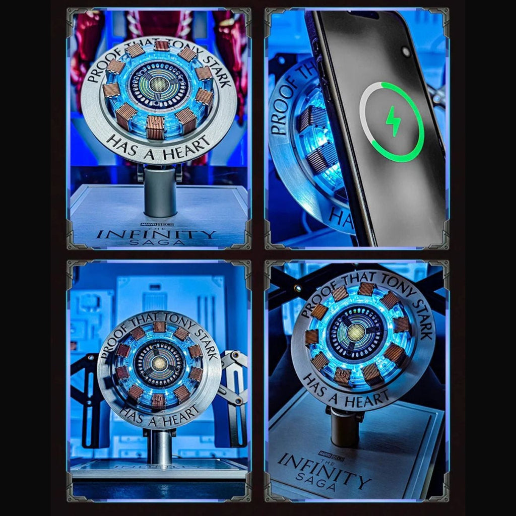 Four views of the Solis Core Reactor charging a phone and glowing on a desk