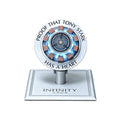 Iron Man arc reactor wireless charger, front view on its brushed aluminium stand, engraved Proof that Tony Stark has a heart