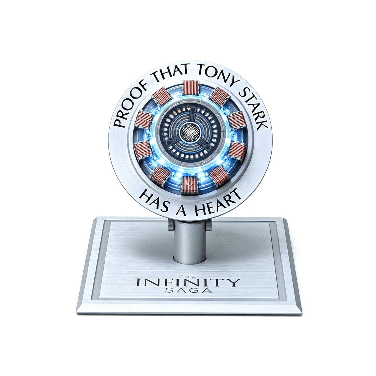 Iron Man arc reactor wireless charger, front view on its brushed aluminium stand, engraved Proof that Tony Stark has a heart