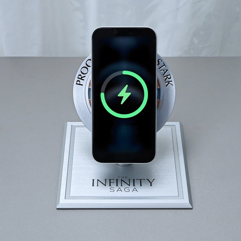 Phone charging wirelessly on the Iron Man arc reactor charger
