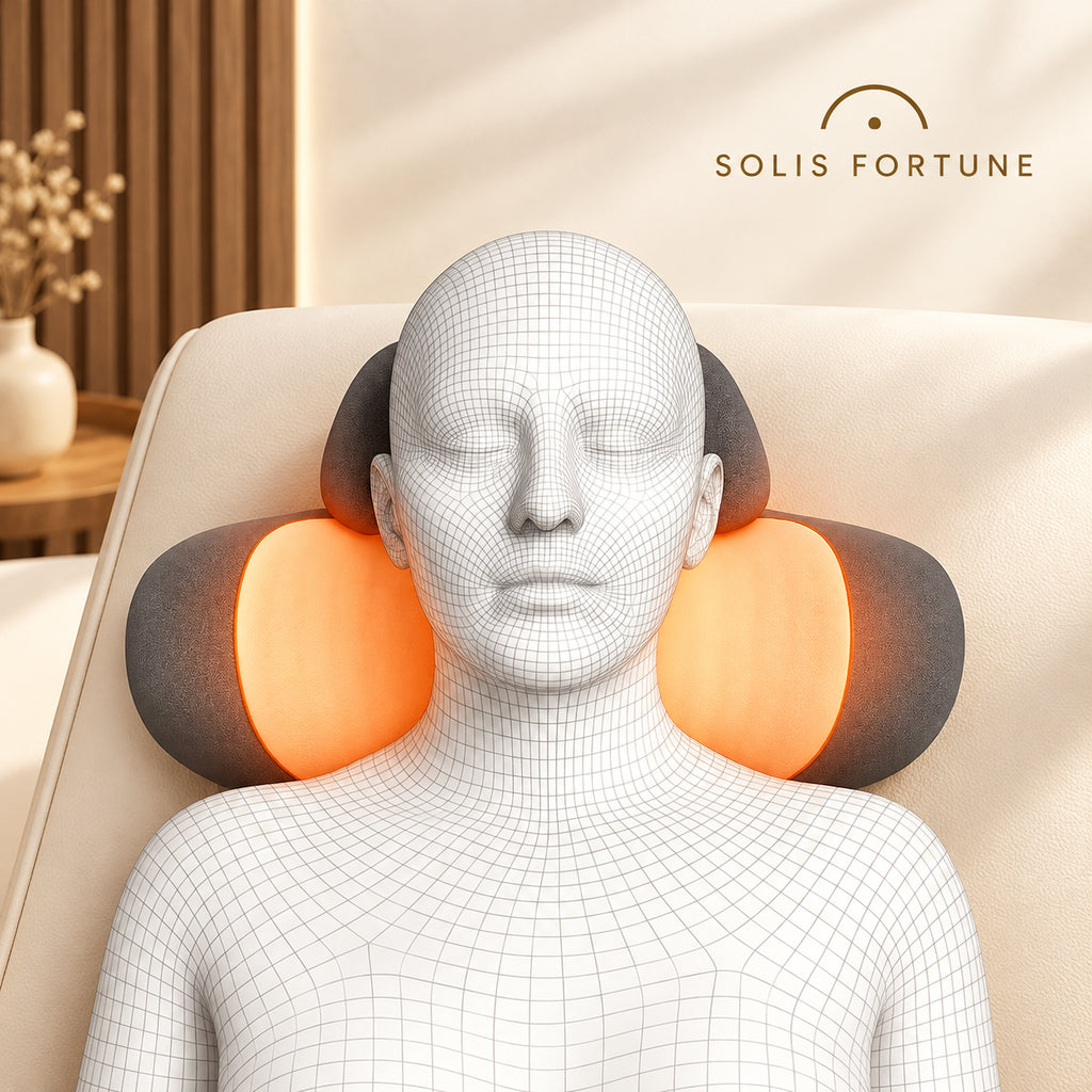 Solis Cradlelift — heated neck massage pillow with both neck rests glowing warm