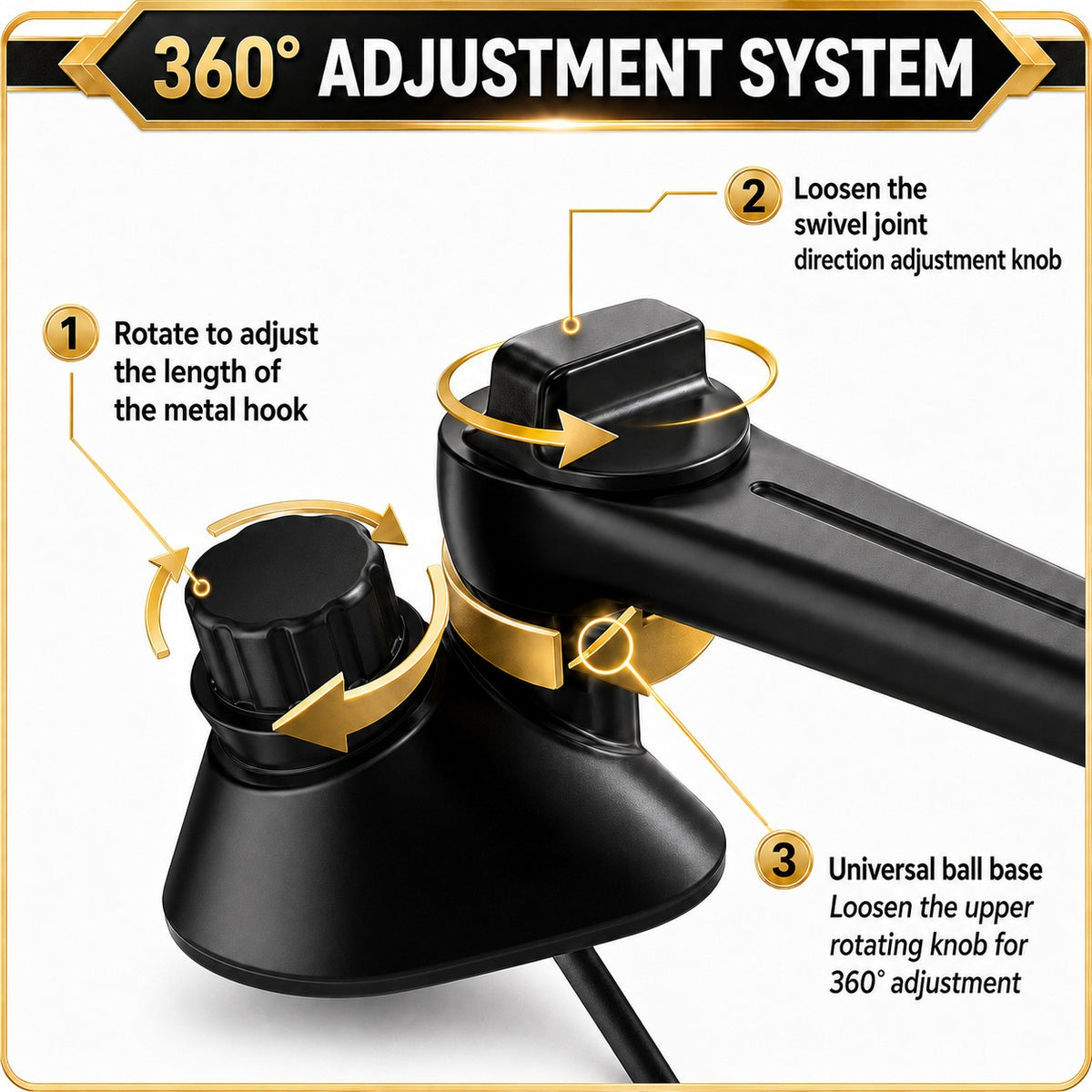 Solis Crash — 360-degree adjustment: hook length, swivel joint and ball base