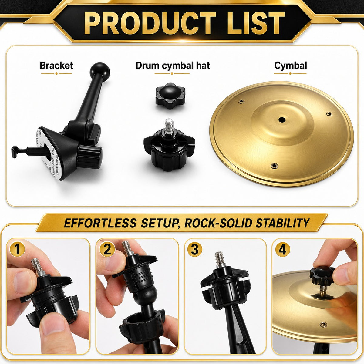 Solis Crash — in the box: bracket, cymbal hat and cymbal, with four setup steps