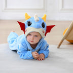 Solis Critter Onesie — Blue Dragon: flannel hooded animal romper worn by a toddler