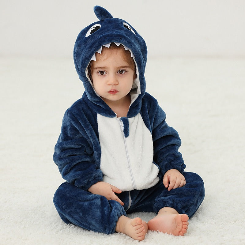 Solis Critter Onesie — Blue Shark: flannel hooded animal romper worn by a toddler