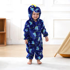 Solis Critter Onesie — Dino Print: flannel hooded animal romper worn by a toddler