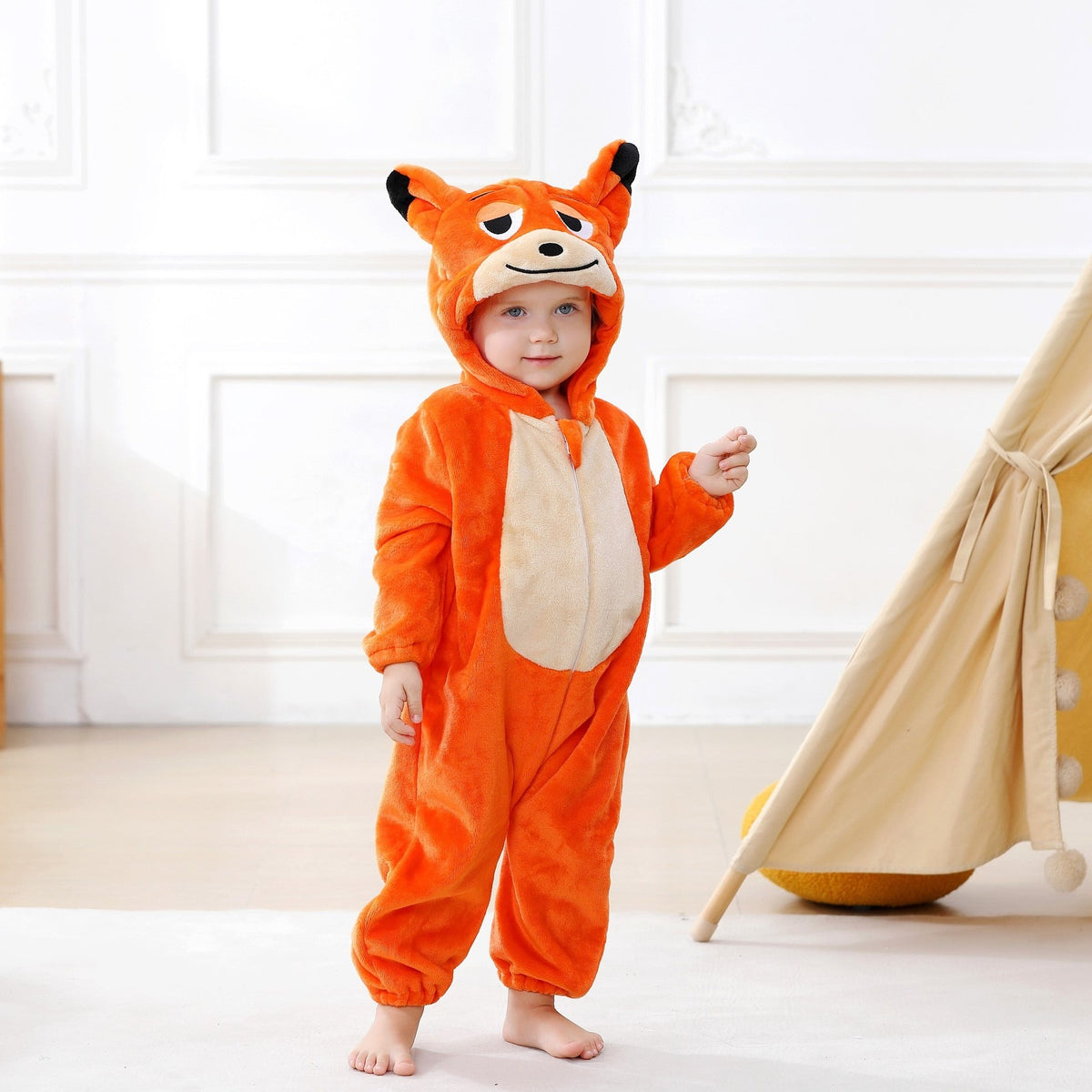 Solis Critter Onesie — Fox: flannel hooded animal romper worn by a toddler