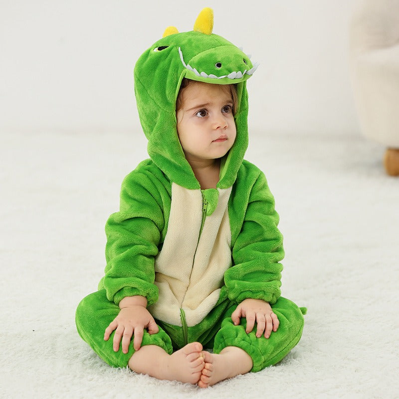 Solis Critter Onesie — Green T-Rex: flannel hooded animal romper worn by a toddler