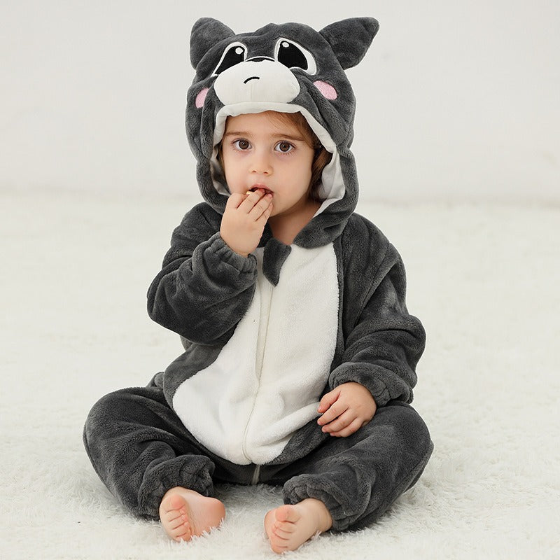 Solis Critter Onesie — Grey Cat: flannel hooded animal romper worn by a toddler