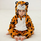 Solis Critter Onesie — Leopard: flannel hooded animal romper worn by a toddler
