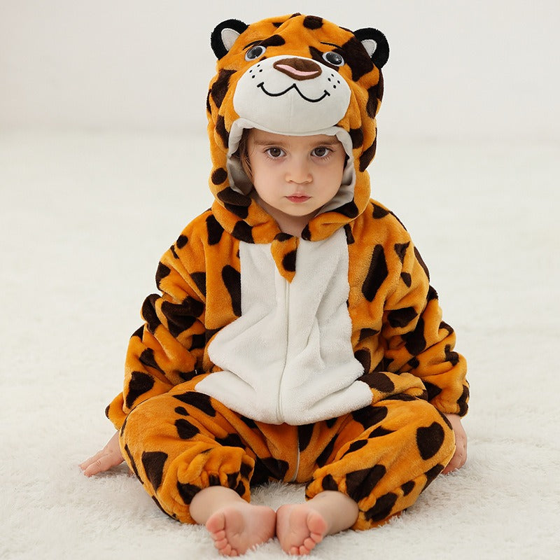 Solis Critter Onesie — Leopard: flannel hooded animal romper worn by a toddler