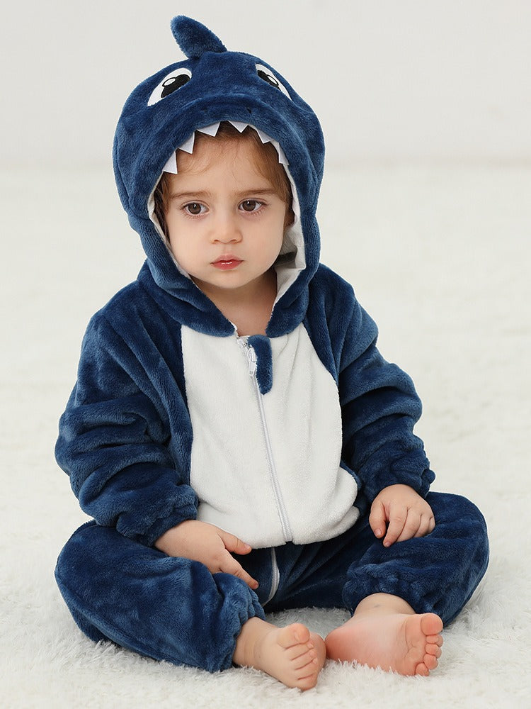 The Blue Shark Solis Critter Onesie at home, showing the hood and the back