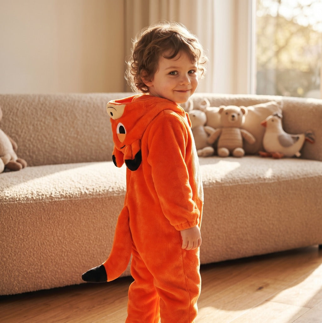 The Orange Dragon Solis Critter Onesie at home, showing the hood and the back