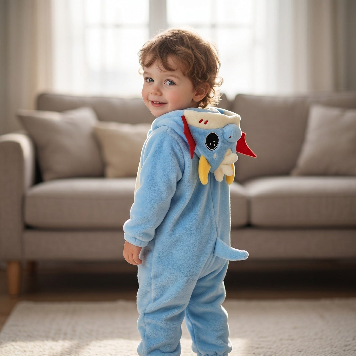 The Blue Dragon Solis Critter Onesie at home, showing the hood and the back