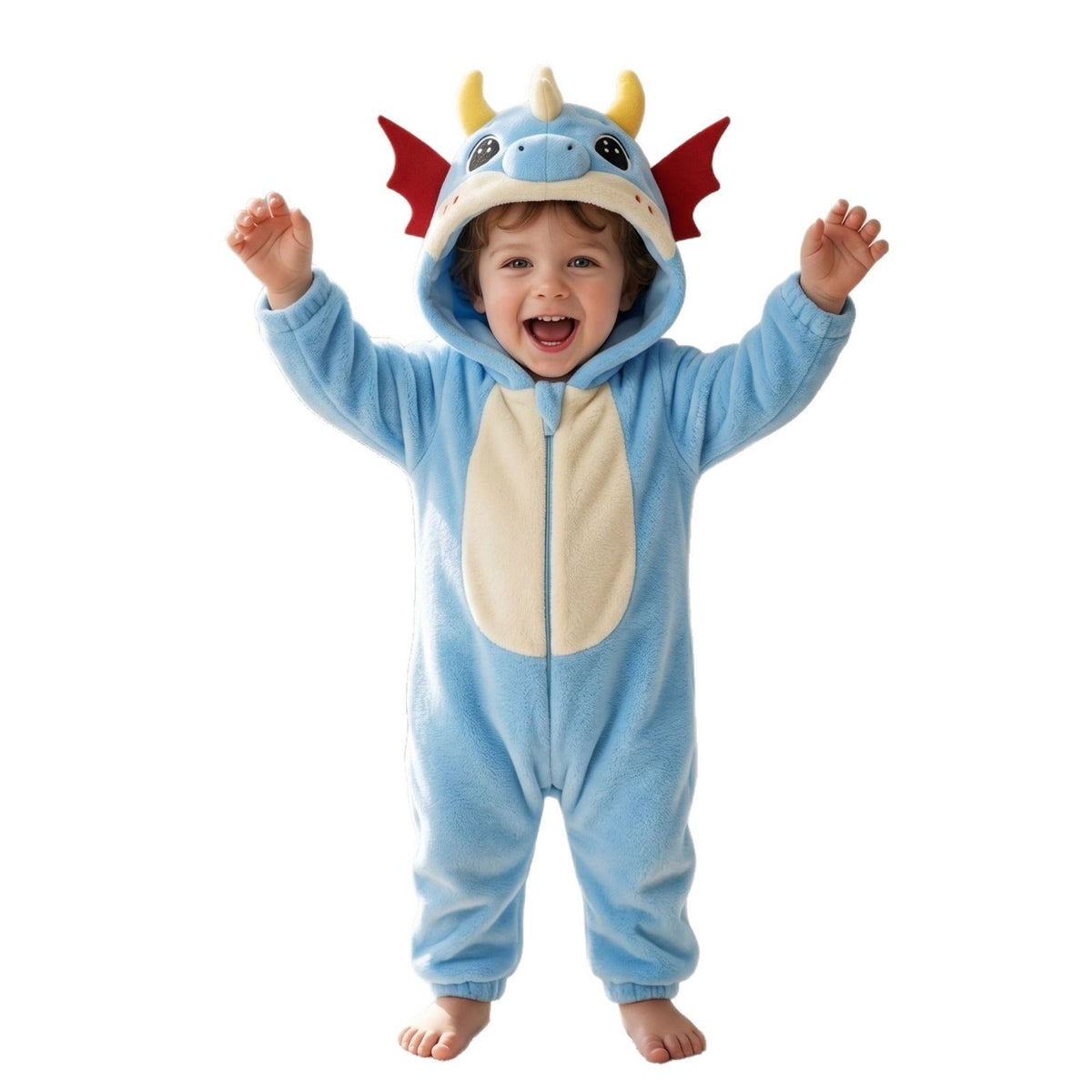 The Blue Dragon Solis Critter Onesie at home, showing the hood and the back