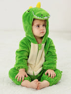 The Green T-Rex Solis Critter Onesie at home, showing the hood and the back