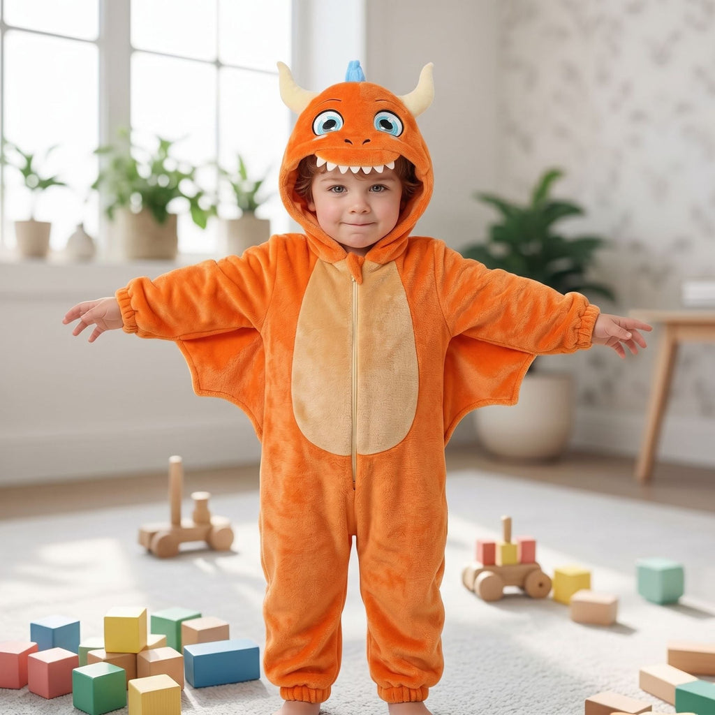 Solis Critter Onesie — Orange Dragon: flannel hooded animal romper worn by a toddler