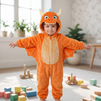 Solis Critter Onesie — Orange Dragon: flannel hooded animal romper worn by a toddler