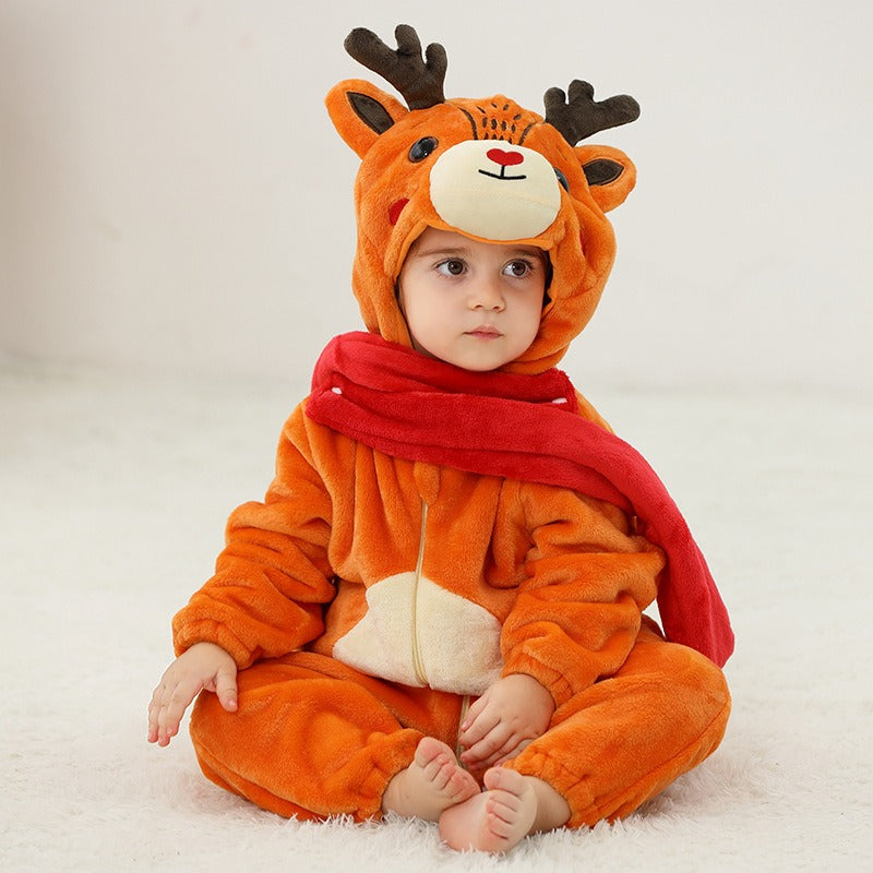 Solis Critter Onesie — Reindeer: flannel hooded animal romper worn by a toddler