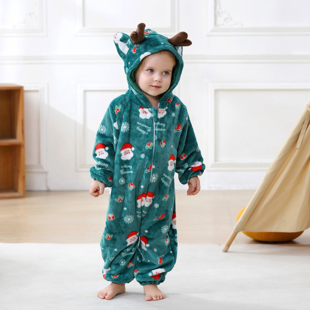 Solis Critter Onesie — Santa: flannel hooded animal romper worn by a toddler