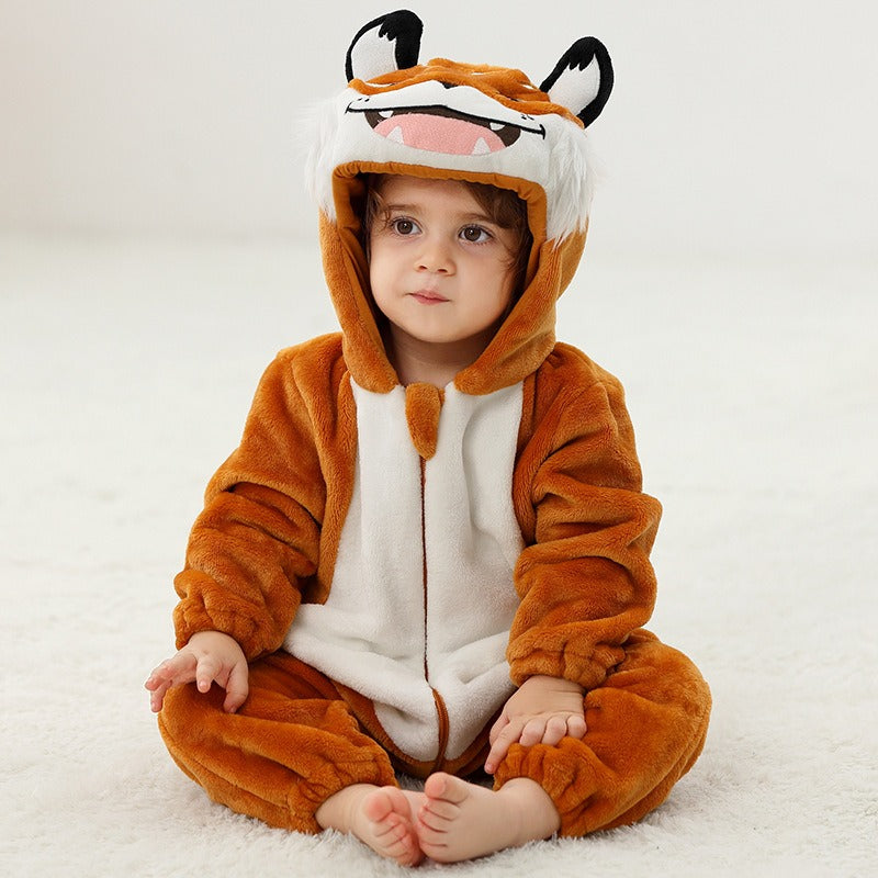 Solis Critter Onesie — Smiling Tiger: flannel hooded animal romper worn by a toddler
