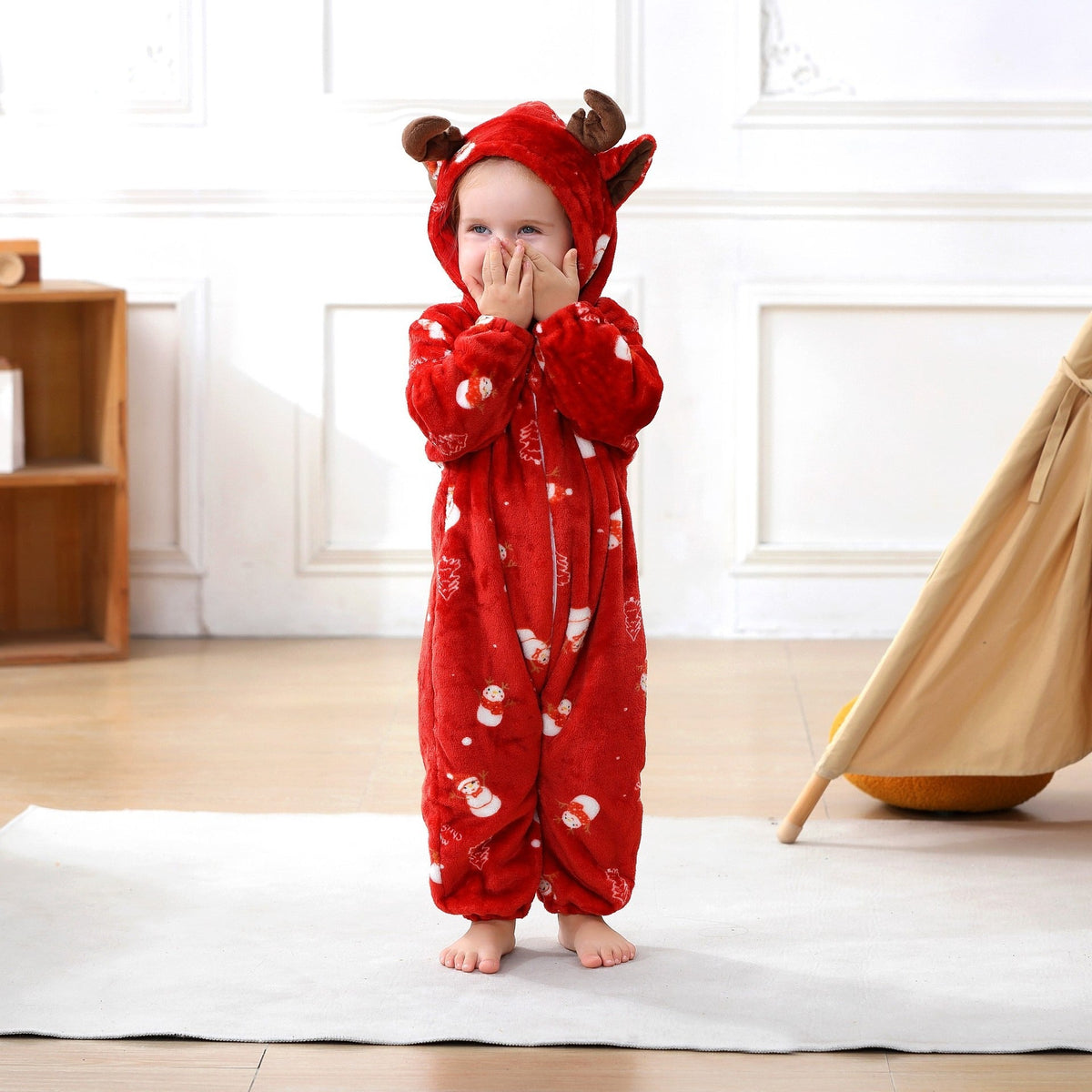 Solis Critter Onesie — Snowman: flannel hooded animal romper worn by a toddler