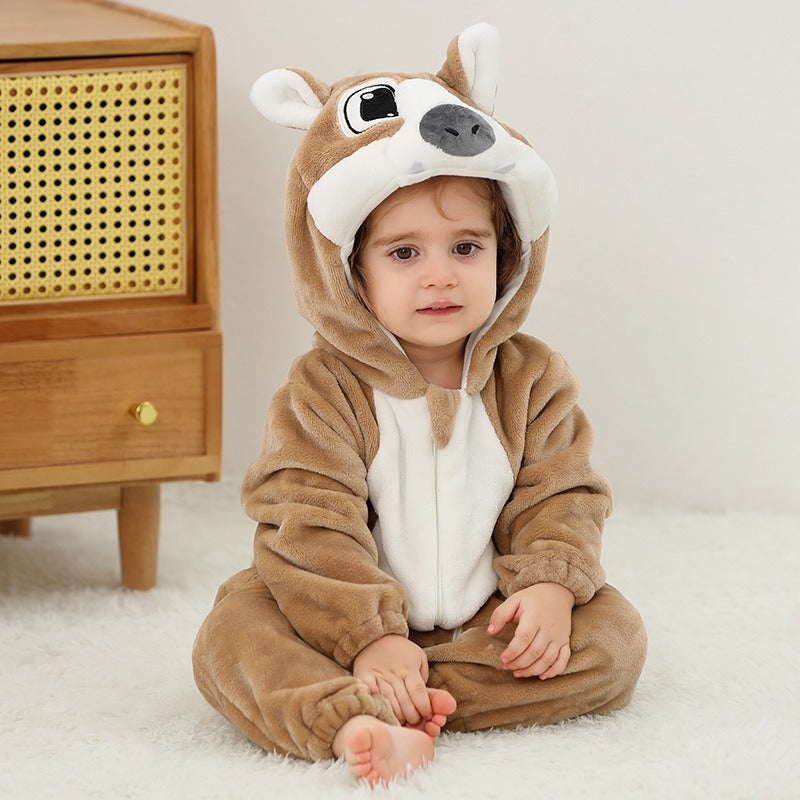 Solis Critter Onesie — Wolf: flannel hooded animal romper worn by a toddler