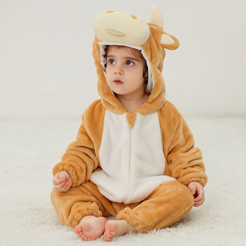 Solis Critter Onesie — Yellow Calf: flannel hooded animal romper worn by a toddler